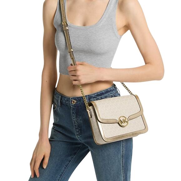 Michael Kors Leida Medium Shoulder Bag Metallic Gold Logo - Picture 3 of 6